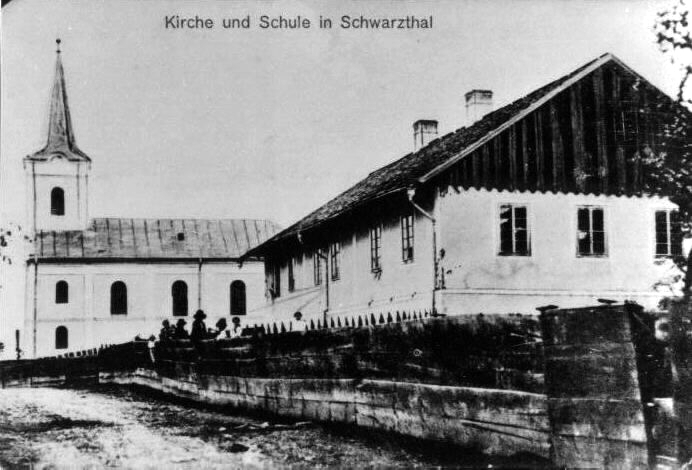 Schwarzthal, Bukovina - Newly built Church and School in 1905. View is from the road looking north